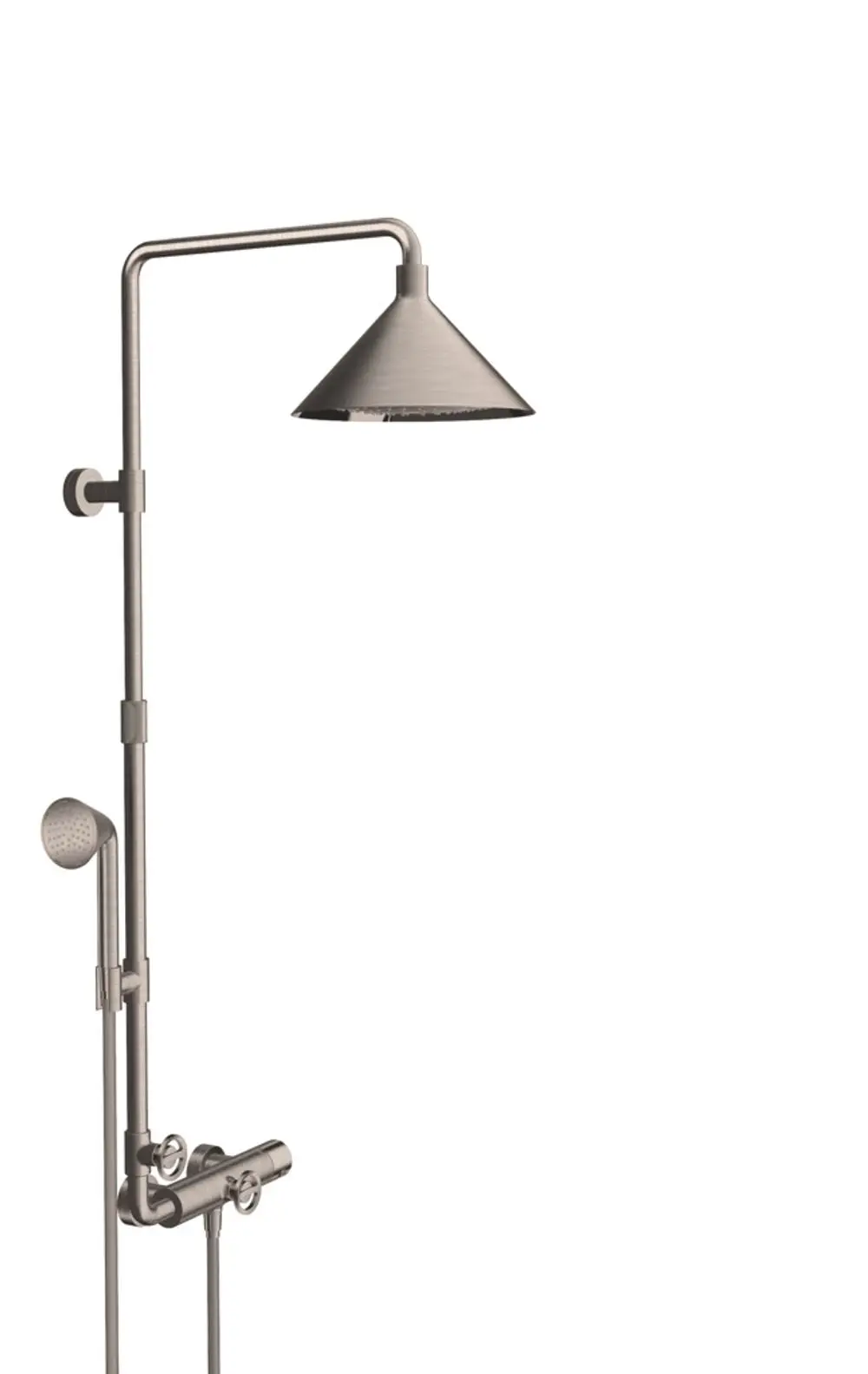 Thermostat-Duschpaneel von AXOR mit einer Kopfbrause und einer Handbrause. Edelstahl-Optik, fester Anschluss an der Wand, funktionales Design für Dusche.